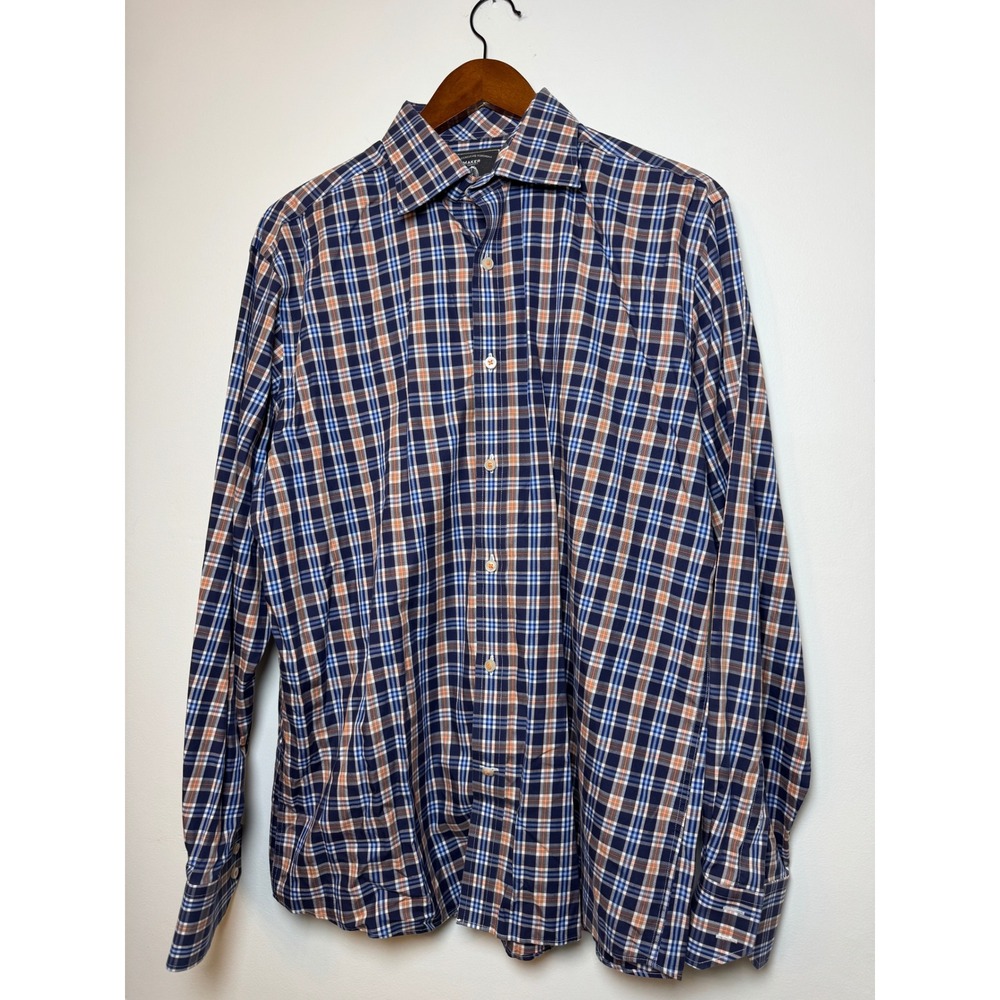 Maker & Company Mens Large Plaid Button Down Shirt Blue Orange Long SLV Cotton